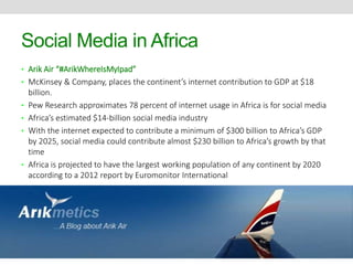 Social Media in Africa 
• Arik Air “#ArikWhereIsMyIpad” 
• McKinsey & Company, places the continent’s internet contribution to GDP at $18 
billion. 
• Pew Research approximates 78 percent of internet usage in Africa is for social media 
• Africa’s estimated $14-billion social media industry 
• With the internet expected to contribute a minimum of $300 billion to Africa’s GDP 
by 2025, social media could contribute almost $230 billion to Africa’s growth by that 
time 
• Africa is projected to have the largest working population of any continent by 2020 
according to a 2012 report by Euromonitor International 
 
