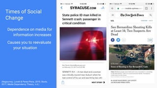 Times of Social
Change
Dependence on media for
information increases
Causes you to reevaluate
your situation
(Nagourney, Lovett & Perez-Pena, 2015; Sturtz,
2017; Media Dependency Theory, n.d.)
 