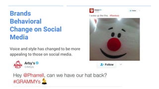 Brands
Behavioral
Change on Social
Media
Voice and style has changed to be more
appealing to those on social media.
 