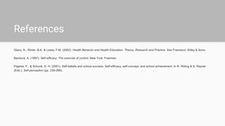 References
Glanz, K., Rimer, B.K. & Lewis, F.M. (2002). Health Behavior and Health Education. Theory, Research and Practice. San Fransisco: Wiley & Sons.
Bandura, A. (1997). Self-efficacy: The exercise of control. New York: Freeman.
Pajares, F., & Schunk, D. H. (2001). Self-beliefs and school success: Self-efficacy, self-concept, and school achievement. In R. Riding & S. Rayner
(Eds.), Self-perception (pp. 239-266).
 