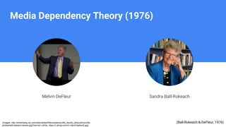 Media Dependency Theory (1976)
Melvin DeFleur Sandra Ball-Rokeach
(Ball-Rokeach & DeFleur, 1976)(Images: http://annenberg.usc.edu/sites/default/files/styles/profile_faculty_std/public/profile
photos/bell-rokeach-sandra.jpg?itok=tp1-uKQs; https://i.ytimg.com/vi/-v4jmUIqwkw/0.jpg)
 