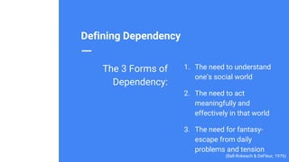 Defining Dependency
1. The need to understand
one’s social world
2. The need to act
meaningfully and
effectively in that world
3. The need for fantasy-
escape from daily
problems and tension
The 3 Forms of
Dependency:
(Ball-Rokeach & DeFleur, 1976)
 
