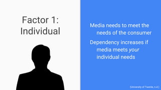 Factor 1:
Individual
Media needs to meet the
needs of the consumer
Dependency increases if
media meets your
individual needs
(University of Twente, n.d.)
 