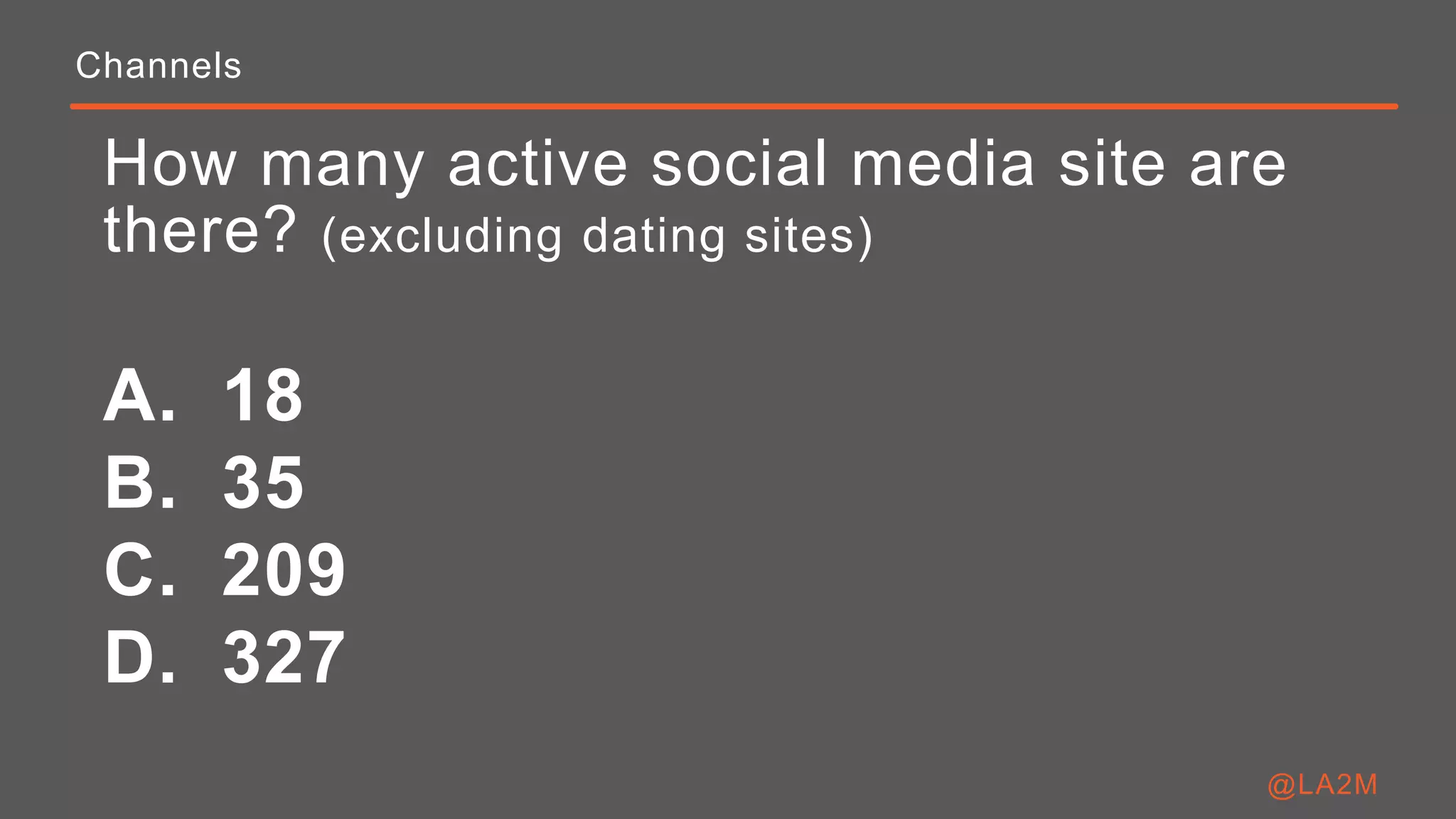 Channels
A. 18
B. 35
C. 209
D. 327
How many active social media site are
there? (excluding dating sites)
@LA2M
 