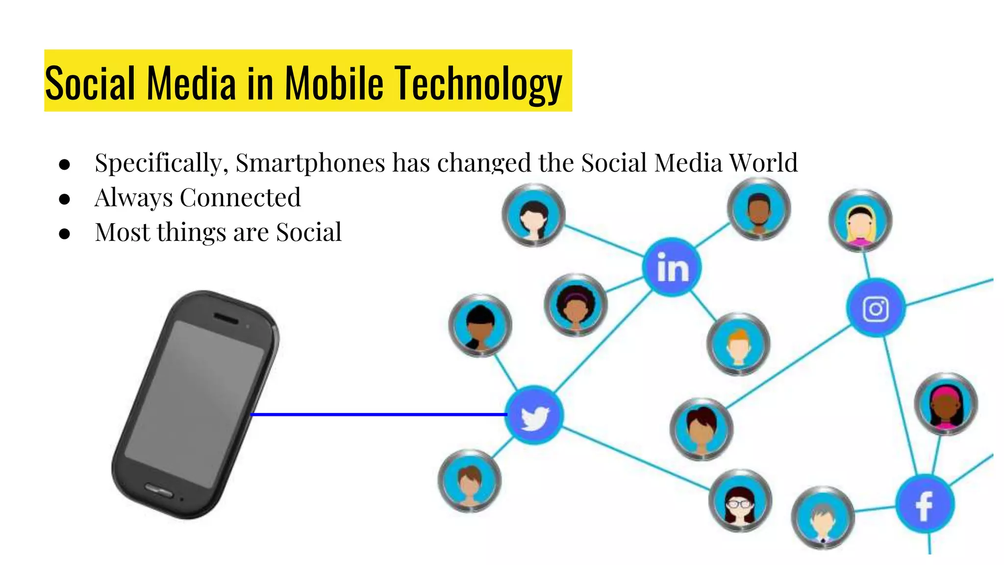 Social Media in Mobile Technology
● Specifically, Smartphones has changed the Social Media World
● Always Connected
● Most things are Social
 