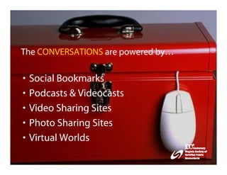 The CONVERSATIONS are powered by…

•   Social Bookmarks
•   Podcasts & Videocasts
•   Video Sharing Sites
•   Photo Sharing Sites
•   Virtual Worlds
 