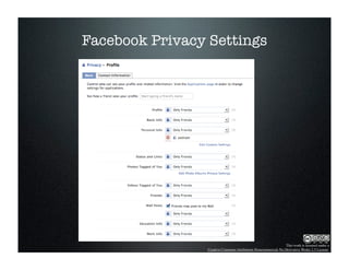 Facebook Privacy Settings




                                                               This work is licensed under a
                Creative Commons Attribution-Noncommercial-No Derivative Works 2.5 License.
 