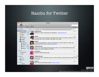 Nambu for Twitter




                                                           This work is licensed under a
            Creative Commons Attribution-Noncommercial-No Derivative Works 2.5 License.
 