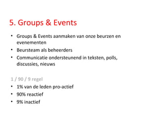 5. Groups & Events Groups & Events aanmaken van onze beurzen en evenementen Beursteam als beheerders Communicatie ondersteunend in teksten, polls, discussies, nieuws 1 / 90 / 9 regel 1% van de leden pro-actief 90% reactief 9% inactief 