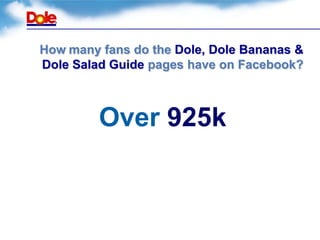 How many fans do the Dole, Dole Bananas &
Dole Salad Guide pages have on Facebook?



         Over 925k
 