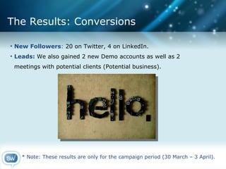 The Results: Conversions New Followers :  20 on Twitter, 4 on LinkedIn. Leads:  We also gained 2 new Demo accounts as well as 2  meetings with potential clients (Potential business).  * Note: These results are only for the campaign period (30 March – 3 April).  