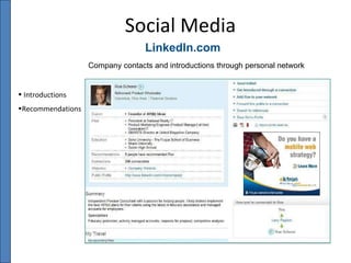 LinkedIn.com Social Media Company contacts and introductions through personal network Introductions Recommendations 