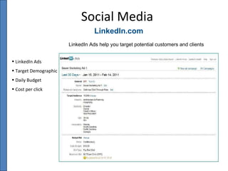 LinkedIn.com Social Media LinkedIn Ads help you target potential customers and clients LinkedIn Ads Target Demographic Daily Budget Cost per click 