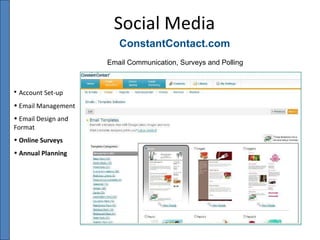ConstantContact.com Social Media Email Communication, Surveys and Polling Account Set-up Email Management Email Design and Format Online Surveys Annual Planning 