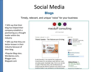 Blogs Timely, relevant, and unique “voice” for your business Social Media 56% say that their blog has helped their company establish a positioning as a thought leader within the industry   58% say that they are better-known in their industry because of their blog Popular Blog sites: Wordpress.com, Blogger.com, Blogspot.com 