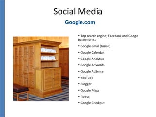 Google.com Social Media Top search engine; Facebook and Google battle for #1 Google email (Gmail) Google Calendar Google Analytics Google AdWords Google AdSense YouTube Blogger Google Maps Picasa Google Checkout 