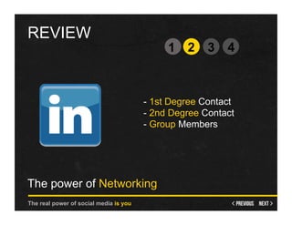 REVIEW
                                             1 2      3    4



                                        -  1st Degree Contact
                                        -  2nd Degree Contact
                                        -  Group Members




The power of Networking
The real power of social media is you
 