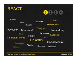 REACT
                                                   1 2 3 4
   Career
                                                                 Profile
                                        Job Hunt
                 Skills
                          Security                     Collaboration	

                                        People
Facebook           Being yourself!                             Networking
               Talent                       Experience
                             Failure                          Success
No right or wrong                                  Values

                               LinkedIn
          Communication                                Social Media
                           Twitter       Community
       Purpose                                              Interview



The real power of social media is you
 