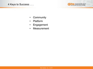 4 Keys to Success . . .




                   •   Community
                   •   Platform
                   •   Engagement
                   •   Measurement




                           Site-Seeker, Inc.   2011
 