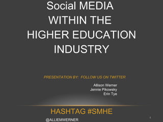 Social MEDIA  WITHIN THE  HIGHER EDUCATION INDUSTRY Allison Werner Jennie Pikowsky Erin Tye @ALLIEMWERNER @JPIKOWSKY @ERINJTYE HASHTAG #SMHE PRESENTATION BY:  FOLLOW US ON TWITTER 