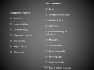 Web 2.0 Metrics

                            Posts
Engagement metrics
                            Tweets and ReTweets
 ...