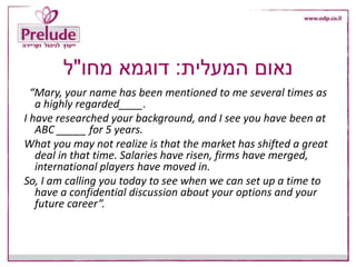 ‫המעלית‬ ‫נאום‬:‫מחו‬ ‫דוגמא‬"‫ל‬
“Mary, your name has been mentioned to me several times as
a highly regarded____.
I have researched your background, and I see you have been at
ABC _____ for 5 years.
What you may not realize is that the market has shifted a great
deal in that time. Salaries have risen, firms have merged,
international players have moved in.
So, I am calling you today to see when we can set up a time to
have a confidential discussion about your options and your
future career”.
 