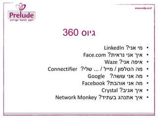 ‫גיוס‬360
•‫אני‬ ‫מי‬?LinkedIn
•‫נראית‬ ‫אני‬ ‫איך‬?Face.com
•‫אני‬ ‫איפה‬?Waze
•‫הטלפון‬ ‫מה‬/‫מייל‬... /‫שלי‬?Connectifier
•‫עושה‬ ‫אני‬ ‫מה‬?Google
•‫אוהבת‬ ‫אני‬ ‫מה‬?Facebook
•‫אגיב‬ ‫איך‬?Crystal
•‫בעתיד‬ ‫אתנהג‬ ‫איך‬?Network Monkey
 