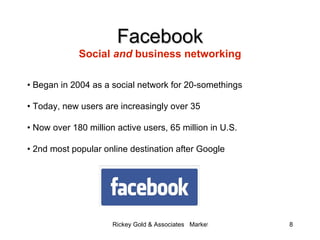 Facebook Social  and  business networking <ul><li>•  Began in 2004 as a social network for 20-somethings </li></ul><ul><li...