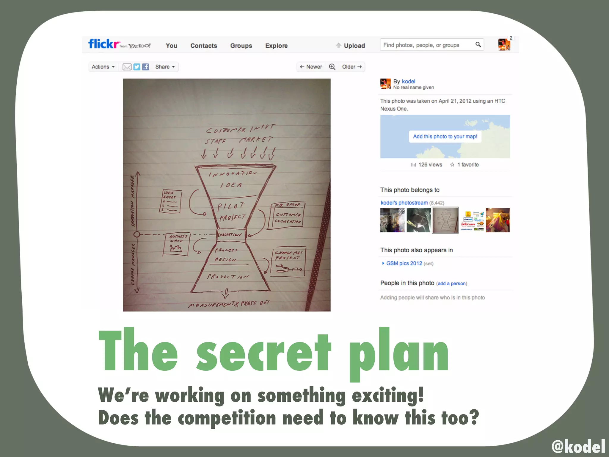 The secret plan
We’re working on something exciting!
Does the competition need to know this too?
                                              @kodel
 
