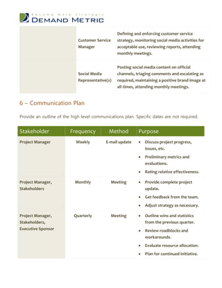 Defining and enforcing customer service
                             Customer Service     strategy, monitoring social media activities for
                             Manager              acceptable use, reviewing reports, attending
                                                  monthly meetings.


                                                  Posting social media content on official
                             Social Media         channels, triaging comments and escalating as
                             Representative(s)    required, maintaining a positive brand image at
                                                  all times, attending monthly meetings.


6 – Communication Plan

Provide an outline of the high level communications plan. Specific dates are not required.


Stakeholder              Frequency           Method          Purpose
Project Manager             Weekly         E-mail update        Discuss project progress,
                                                                 issues, etc.
                                                                Preliminary metrics and
                                                                 evaluations.
                                                                Rating relative effectiveness.

Project Manager,           Monthly              Meeting         Provide complete project
Stakeholders                                                     update.
                                                                Get feedback from the team.
                                                                Adjust strategy as necessary.

Project Manager,           Quarterly            Meeting         Outline wins and statistics
Stakeholders,                                                    from the previous quarter.
Executive Sponsor                                               Review roadblocks and
                                                                 workarounds.
                                                                Evaluate resource allocation.
                                                                Plan for continued initiative.
 