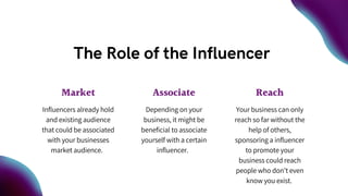 The Role of the Influencer
Market
Influencers already hold
and existing audience
that could be associated
with your businesses
market audience.
Associate
Depending on your
business, it might be
beneficial to associate
yourself with a certain
influencer.
Reach
Your business can only
reach so far without the
help of others,
sponsoring a influencer
to promote your
business could reach
people who don’t even
know you exist.
 