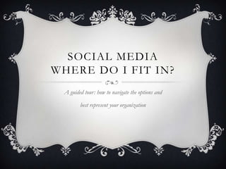 SOCIAL MEDIA
WHERE DO I FIT IN?
 A guided tour: how to navigate the options and

        best represent your organization
 