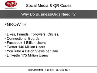 Social Media & QR Codes

           Why Do Business/Orgs Need It?

• GROWTH

• Likes, Friends, Followers, Circles,
• Connections, Boards
• Facebook 1 Billion Users
• Twitter 140 Million Users
• YouTube 4 Billion Views per Day
• LinkedIn 175 Million Users



               s-go Consulting – s-go.net – 607-330-2574
 