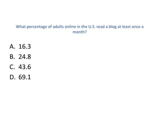 What percentage of adults online in the U.S. read a blog at least once a month? 16.3 24.8 43.6 69.1 