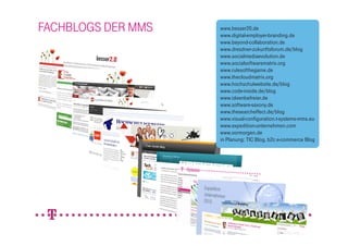 FACHBLOGS DER MMS   www.besser20.de
                    www.digital-employer-branding.de
                    www.beyond-collaboration.de
                    www.dresdner-zukunftsforum.de/blog
                    www.socialmediaevolution.de
                    www.socialsoftwarematrix.org
                    www.rulesofthegame.de
                    www.thecloudmatrix.org
                    www.hochschulwebsite.de/blog
                    www.code-inside.de/blog
                    www.ideenbefreier.de
                    www.software-saxony.de
                    www.thesearcheffect.de/blog
                    www.visual-configuration.t-systems-mms.eu
                    www.expedition-unternehmen.com
                    www.vormorgen.de
                    in Planung: TIC Blog, b2c e-commerce Blog
 