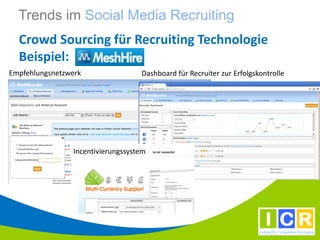 Trends im Social Media Recruiting
  Crowd Sourcing für Recruiting Technologie
  Beispiel:
Empfehlungsnetzwerk                Dashboard für Recruiter zur Erfolgskontrolle




                Incentivierungssystem
 