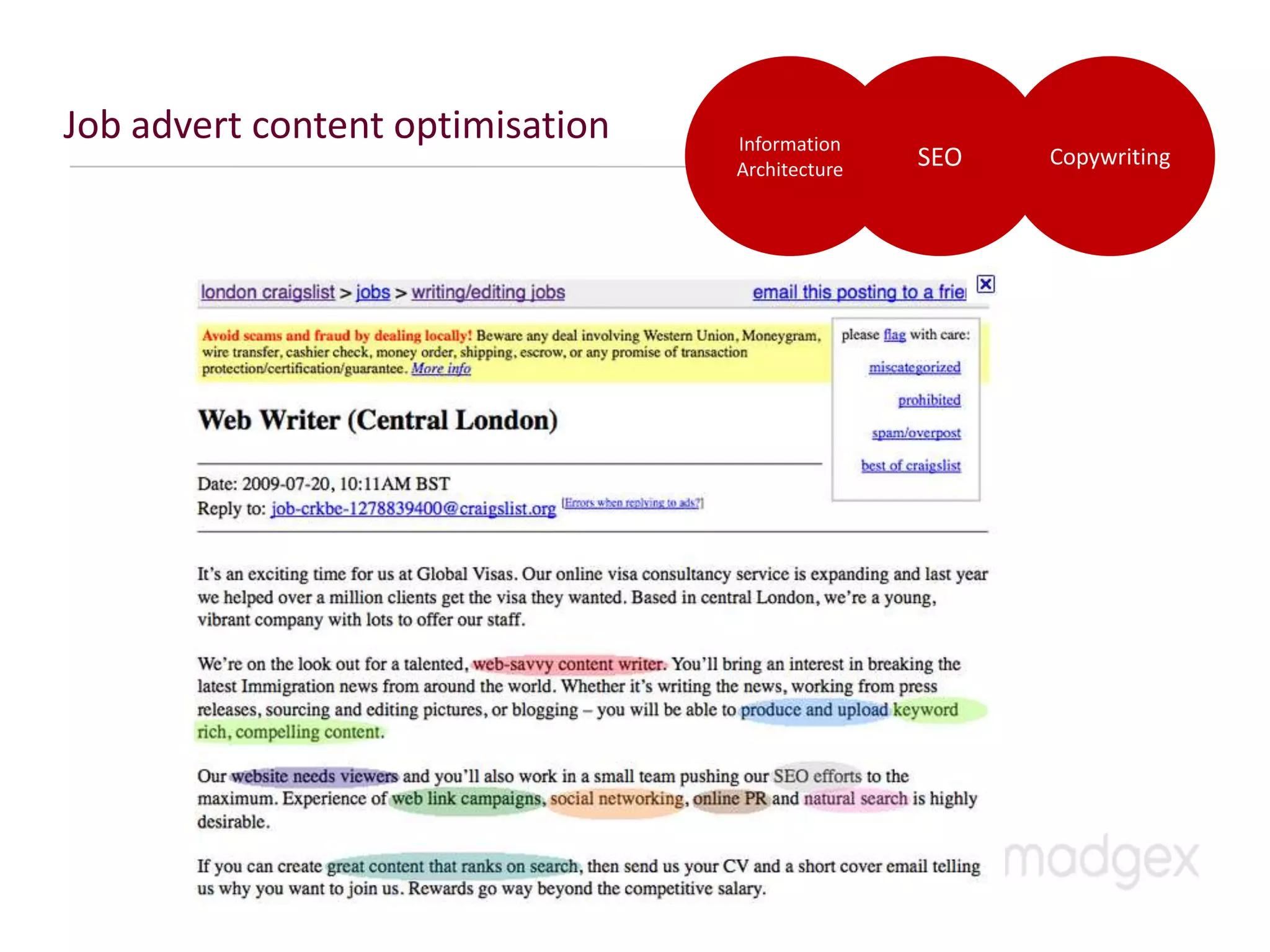 Job advert content optimisation   Information
                                  Architecture   SEO   Copywriting
 