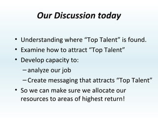 Our Discussion today Understanding where “Top Talent” is found. Examine how to attract “Top Talent” Develop capacity to: analyze our job Create messaging that attracts “Top Talent” So we can make sure we allocate our resources to areas of highest return! 