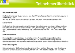 Teilnehmerüberblick
Wirtschaftssektoren
Die Teilnehmer an der Studie kommen aus allen Wirtschaftsbereichen mit einem Schwerpunkt in
der Beratung (23%)
Weitere: IT (16%), Automobil- und Fahrzeugbau (6%), Maschinen- und Anlagenbau (7%).
Karrierelevel
Die Teilnehmer kommen aus den verschiedensten Funktionsebenen mit diesen Schwerpunkten:
Senior Fachkraft/Teamleiter/Projektleiter (27%), Fachkraft (26 %), Abteilungsleiter/Manager
(16%), Bereichsleiter/Senior Manager (13%), Geschäftsführer/Partner (11%), Berufseinsteiger
(5%)

Funktionsbereiche
Eindeutige Schwerpunkte liegen in der allgemeinen Personalabteilung mit 26% und im
kombinierten Personalmarketing & Recruiting mit 22%. Dezidiertes Recruiting in einem
Unternehmen ist mit 16% vertreten, dezidiertes Recruiting als ext. Dienstleister ist mit 7% dabei.
Unternehmensgröße
Unternehmen aller Größenklassen sind vertreten. Einen leichten Überhang in der Beteiligung
zeigen die Größenklassen unter 100 MA, 100-500 MA, 1001-5000 MA mit 28%, 21% bzw. 18% .

 
