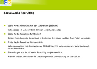 Social Media Recruiting



Social Media Recruiting hat den Durchbruch geschafft
Mehr als jede 10. Stelle wird mit Hilfe von Social Media besetzt



Social Media Recruiting funktioniert
Bei den Einstellungen ist dieser Kanal in den letzten drei Jahren von Platz 7 auf Platz 3 vorgerückt.



Social Media Recruiting Nutzung steigt:
Mehr als doppelt so viele Arbeitgeber wie 2010 (49 % zu 22%) suchen proaktiv in Social Media nach
neuen Mitarbeitern.



Einstellungen aus Social Media Recruiting steigen deutlich:
Allein im letzten Jahr nahmen die Einstellungen durch Active Sourcing um über 35% zu.

 