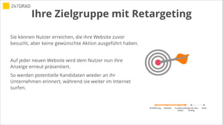 Einführung Tipps für den
Erfolg
FazitVorteile Funktions-
weise
Sie können Nutzer erreichen, die ihre Website zuvor
besucht, aber keine gewünschte Aktion ausgeführt haben.
!
Auf jeder neuen Website wird dem Nutzer nun ihre
Anzeige erneut präsentiert.
So werden potentielle Kandidaten wieder an ihr
Unternehmen erinnert, während sie weiter im Internet
surfen.
Ihre Zielgruppe mit Retargeting
 