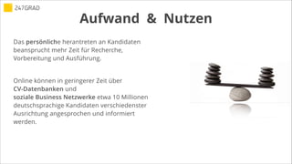 Das persönliche herantreten an Kandidaten
beansprucht mehr Zeit für Recherche,
Vorbereitung und Ausführung.
!
Online können in geringerer Zeit über
CV-Datenbanken und
soziale Business Netzwerke etwa 10 Millionen
deutschsprachige Kandidaten verschiedenster
Ausrichtung angesprochen und informiert
werden.
Aufwand & Nutzen
 