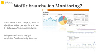 Wofür brauche ich Monitoring?
Verschiedene Werkzeuge können für
das Überprüfen der Kanäle und dem
Erstellen von Stimmungsanalysen.
!
Beispiel hierfür sind Google
Analytics, Facebook Insights u.v.m. .
 