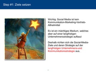 11 
Step #1: Ziele setzen 
Wichtig: Social Media ist kein Kommunikation-Marketing-Vertrieb- AllheilmittelEs ist ein mächtiges Medium, welches aber auf einer langfristigen Unternehmensstrategie aufbautDeshalb richten sich die Social-Media- Ziele und deren Strategie auf der langfristigen Unternehmens-und Kommunikationsstrategie aus.  