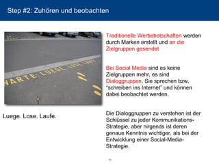 15 
Step #2: Zuhören und beobachten 
Traditionelle Werbebotschaftenwerden durch Marken erstellt und an die Zielgruppen gesendet 
Bei Social Mediasind es keine Zielgruppen mehr, es sind Dialoggruppen. Sie sprechen bzw. “schreiben ins Internet” und können dabei beobachtet werden. 
Die Dialoggruppen zu verstehen ist der Schlüssel zu jeder Kommunikations- Strategie, aber nirgends ist deren genaue Kenntnis wichtiger, als bei der Entwicklung einer Social-Media- Strategie. 
Luege. Lose. Laufe.  