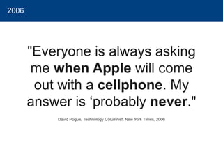 2006 
"Everyone is always asking me when Applewill come out with a cellphone. My answer is ‘probably never." 
David Pogue, Technology Columnist, New York Times, 2006  