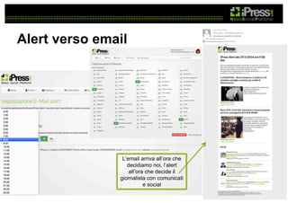 Alert verso email

L’email arriva all’ora che
decidiamo noi, l’alert
all’ora che decide il
giornalista con comunicati
e social

 