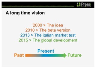 A long time vision
2000 > The idea
2010 > The beta version
2013 > The italian market test
2015 > The global development

 