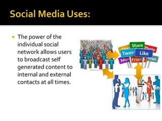  The power of the
individual social
network allows users
to broadcast self
generated content to
internal and external
contacts at all times.
 