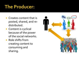  Creates content that is
posted, shared, and re-
distributed.
 Content is cyclical
because of the power
of the social networks.
 Role shifts from
creating content to
consuming and
sharing.
 